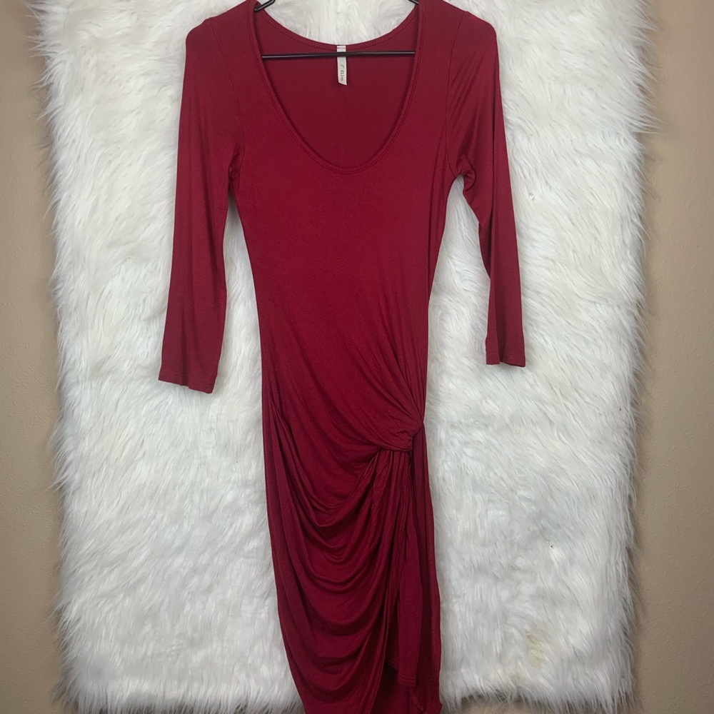 • A+ Ellen • Deep Red Front Drape Knot Midi Dress